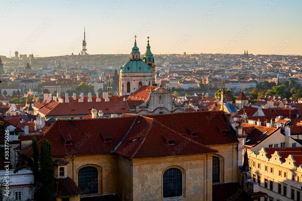 Panorama of Prague Lesser town, St. Nikolas church and historical buildings.