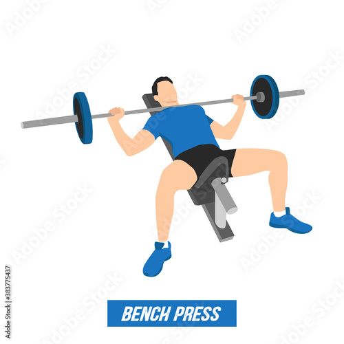 Bench press exercise. man with muscles coach in the gym. Isolated vector illustration on white background.
