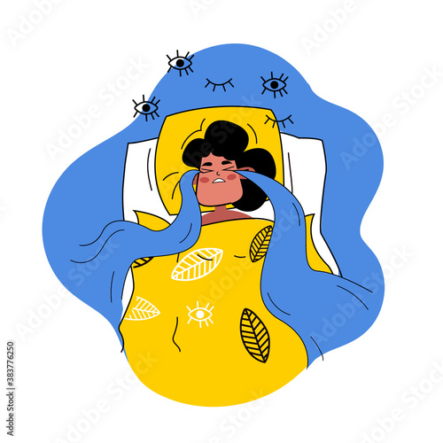 Hand drawn Woman crying in bed in flat cartoon style. Vector stock illustration