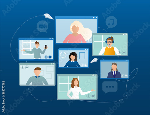 Flat illustration. Video conference. Video call between friends, chatting online by mobile app. Stay at home, work, communication remotely. Vector illustration.