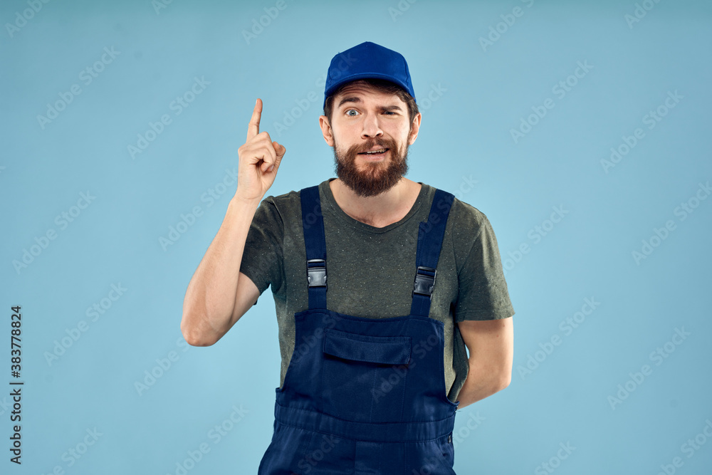 Man in working uniform emotions in life delivery service work Man in working uniform emotions in life delivery service work