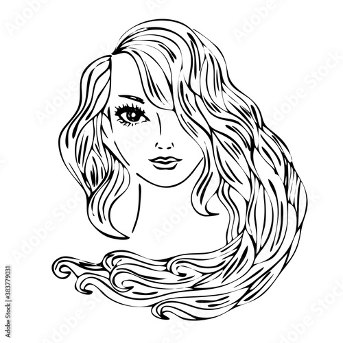 Portrait girl with hair in the form of sea waves. Water nymph, mermaid . Woman, female symbol of element of aqua ocean. For tattoo, print, cosmetics. Hand drawn, black line art isolated on white.