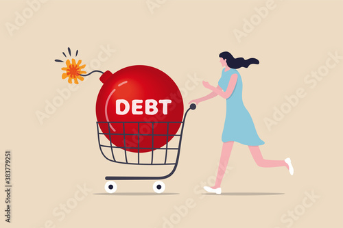 Over shopping, buy thing and pay more than revenue or income, household debt or financial loan and mortgage concept, young woman walk with shopping cart with big bomb with the word debt.