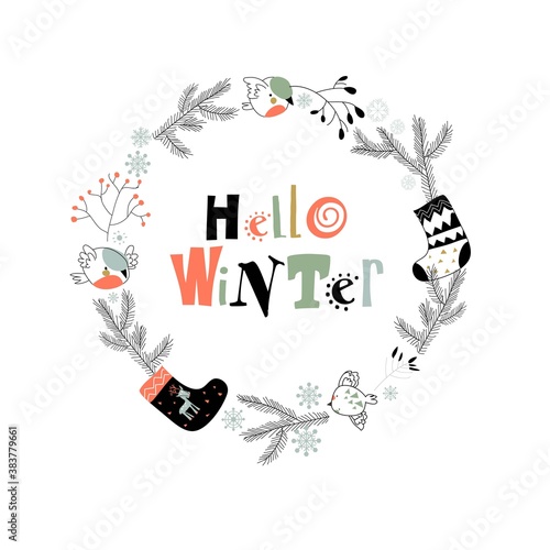 Cartoon Christmas wreath with bullfinches on white background