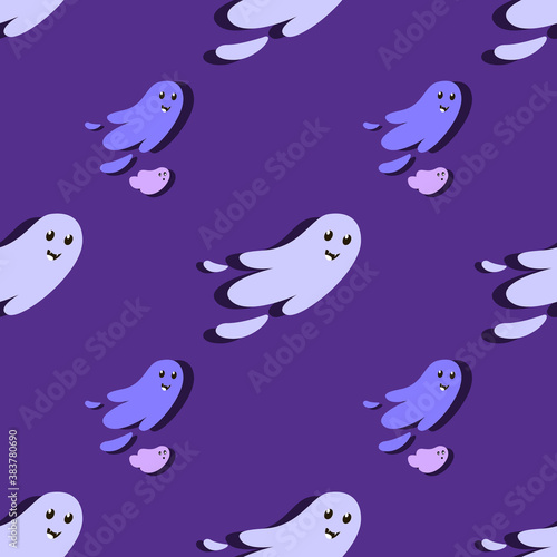 Halloween Festive Seamless Pattern.Endless Purple Bright Background with Cute Couple of Ghosts.All Saints Day Banner.Bright Greeting Card.Happy Halloween.Ghost Textile Print.Spooky Vector Illustration