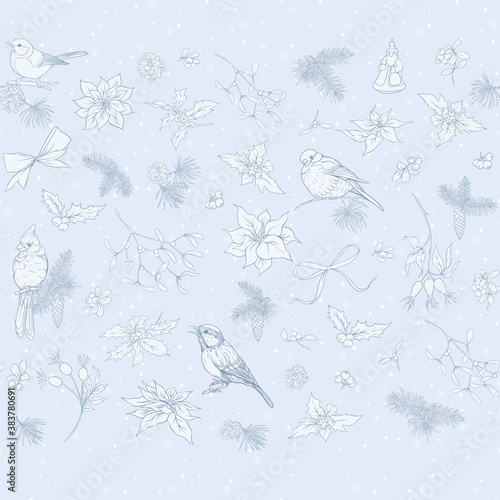 Christmas seamless pattern with spruce, pine, poinsettia and winter birds: robin, cardinal, tit. Graphic drawing, engraving style. Vector illustration
