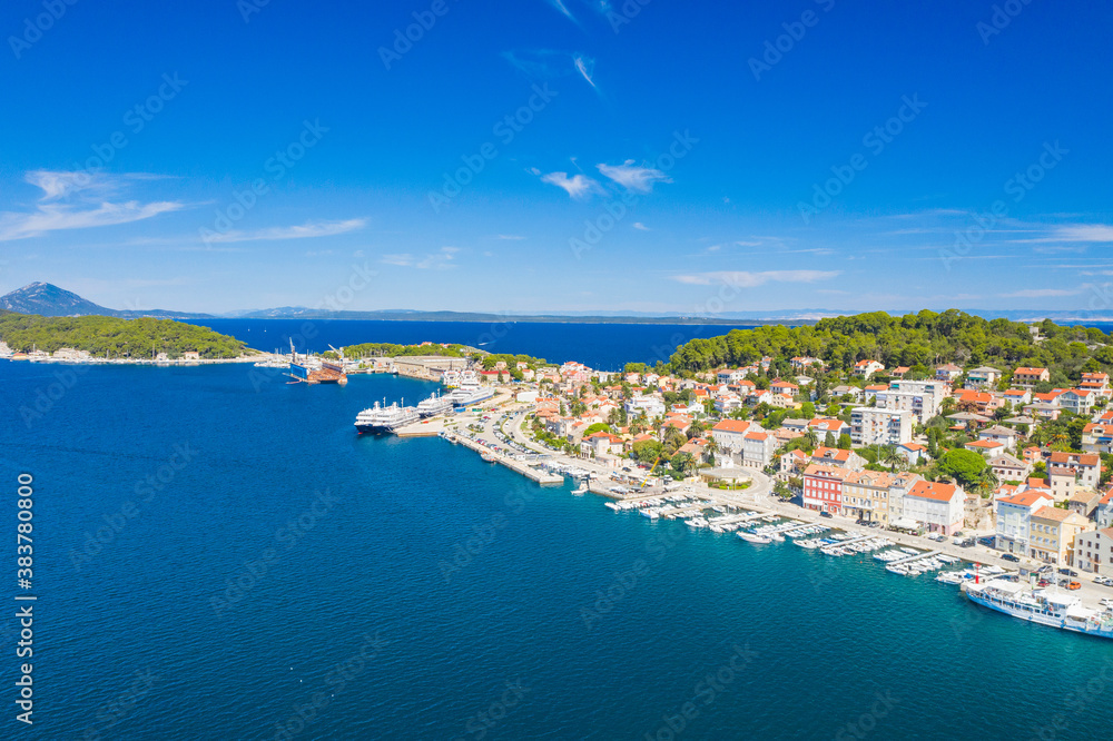 Aerial view of the seafront in town of Mali Losinj on the island of Losinj, Adriatic coast in Croatia