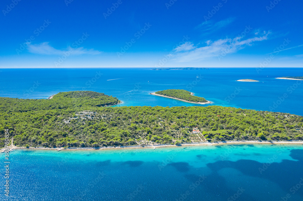Drone aerial view of the island Koludarc, near Losinj, beautiful Adriatic coastline, Kvarner bay, Croatia, Europe