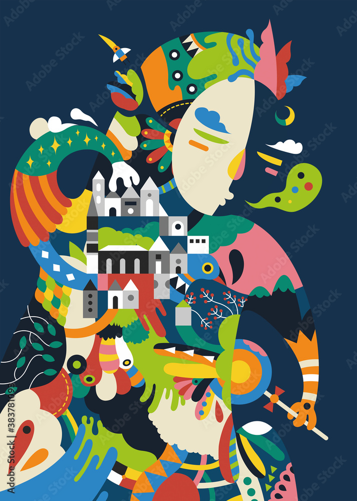Illustration of man with house and nature Illustration of man with house and nature