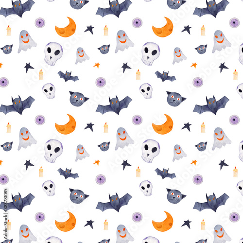 Watercolor Halloween illustration. Bats, moons, ghosts and black cats seamless pattern. Art festive celebration background. Spooky creepy clipart.  © Vy