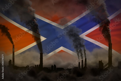 Global warming concept - dense smoke from industrial chimneys on Novorossia flag background with place for your logo - industrial 3D illustration photo