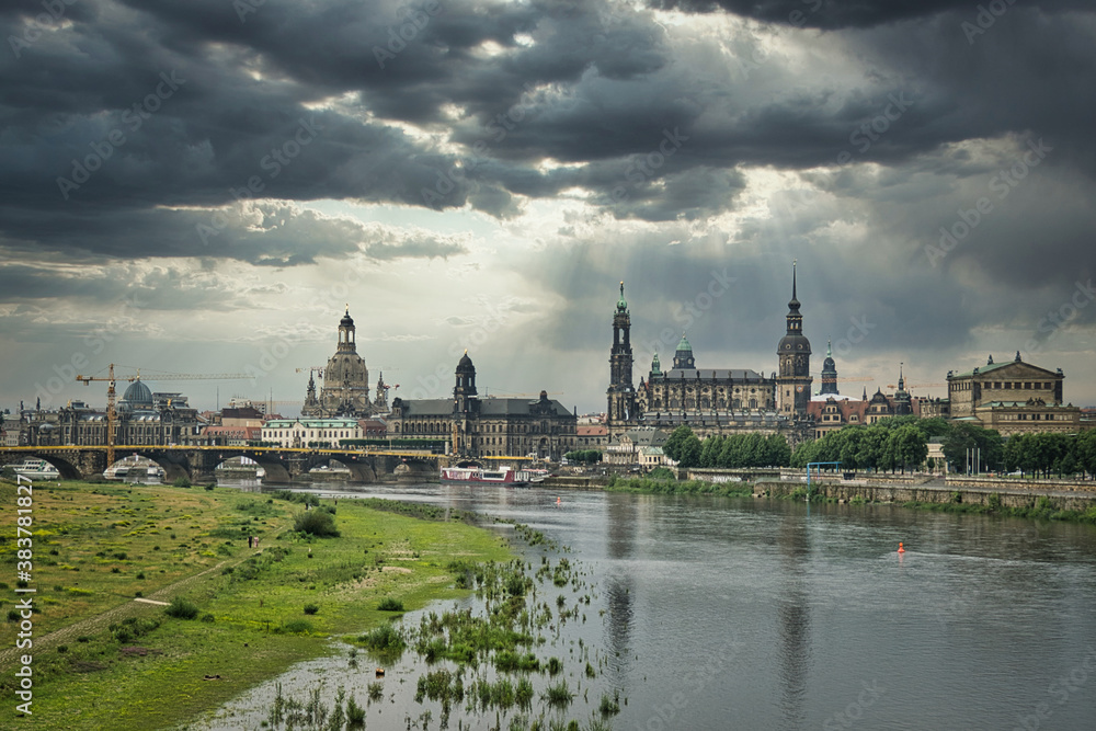 Naklejka premium Dresden city view from the vineyards with clouds