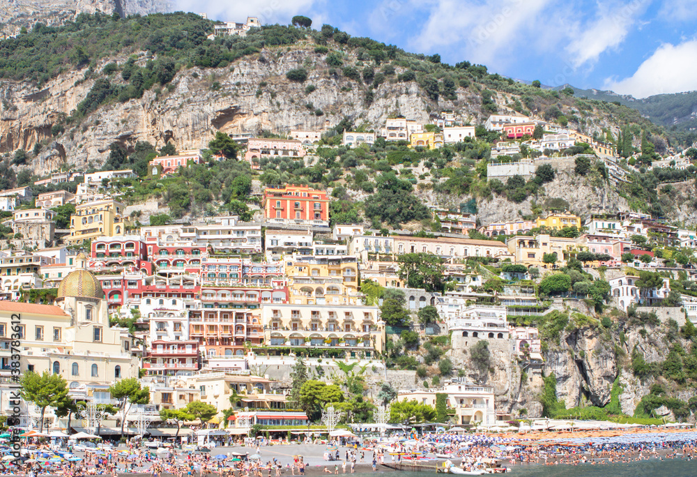 Colourful houses and church in the Positano city, Italy