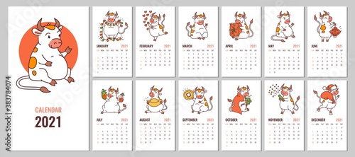Vector editable design of 2021 calendar with cute white ox  cover  monthly pages