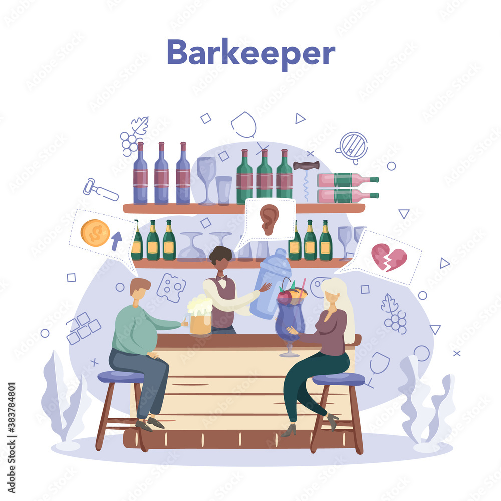 Barman preparing alcoholic drinks with shaker at bar. Bartender