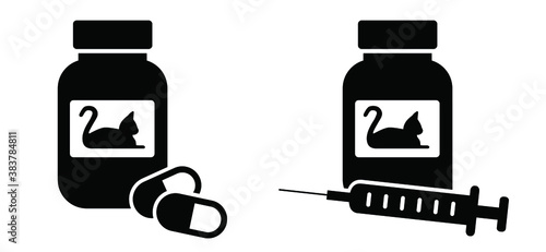 Cat medicine bottle and pills and injection needles. Container with pills and hypodermic needle or disposable syringe. Prescription medicine for animal. Flat vector cats sign.