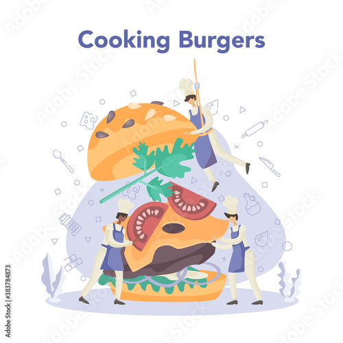 Fast food, burger house concept. Chef cook tasty hamburger