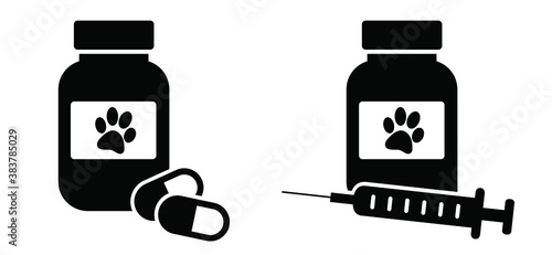 Dog or cat medicine bottle and pills and injection needles. Container with pills and hypodermic needle or disposable syringe. Prescription medicine for animal. Flat vector dogs or cats sign.