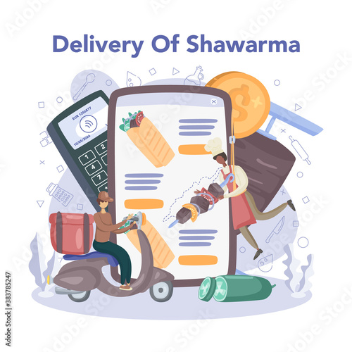 Shawarma street food online service or platform. Chef cooking
