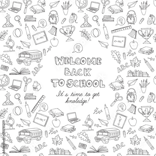 Back to school greeting card of kids doodles with bus  books  co
