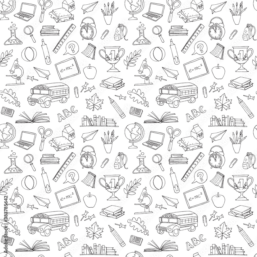 Back to school seamless pattern of kids doodles with bus, books, Back to school seamless pattern of kids doodles with bus, books,