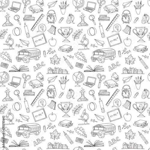 Back to school seamless pattern of kids doodles with bus, books,