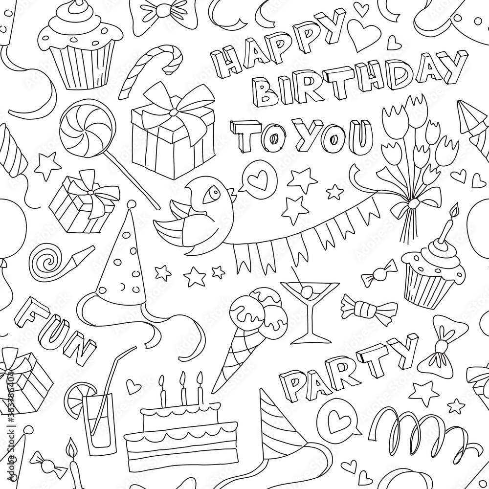 Obraz premium Happy birthday party doodle black and white seamless pattern