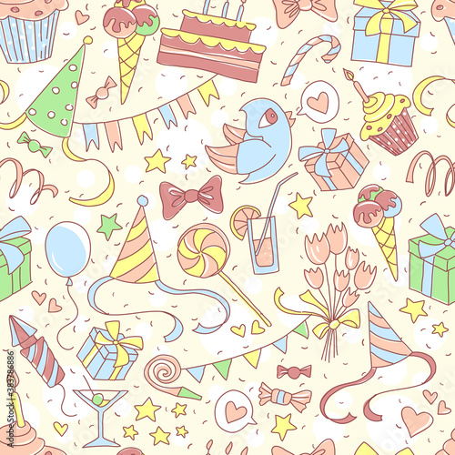 Happy birthday party seamless colored pattern with hand drawn pa