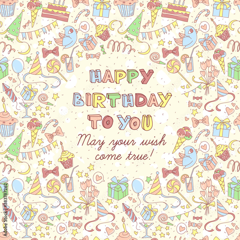 Happy birthday party greeting card with hand drawn pattern and l