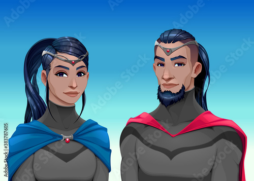 Cartoon portrait of a king and a queen. Vector fantasy illustration
