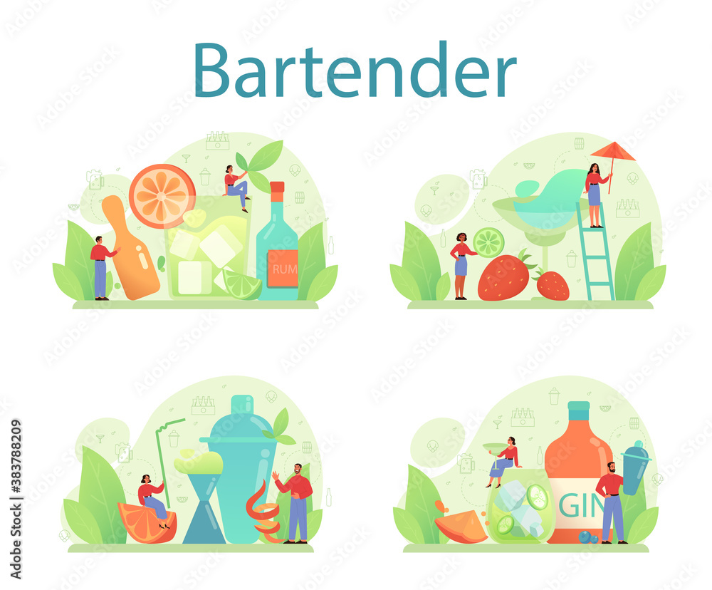 Bartender concept set. Barman preparing alcoholic drinks with shaker at bar