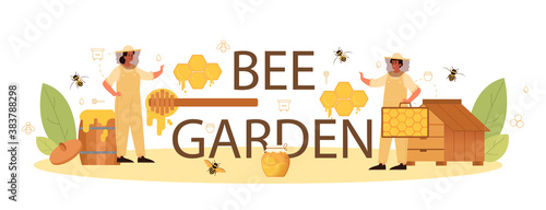 Bee garden typographic header. Professional farmer with hive and honey