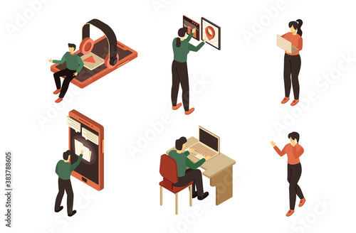 Isometric people with gadget vector illustration set. Cartoon 3d man woman gadgeteer character using smartphone, tablet or laptop for working and listening to music. Gadgetry icons isolated on white