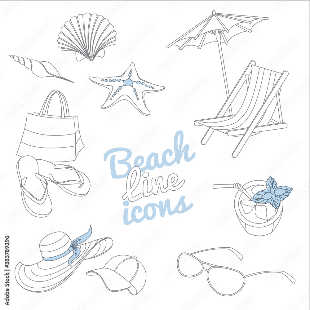 Summer beach vacation icons set. Doodle sketch style.