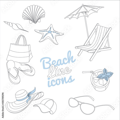 Summer beach vacation icons set. Doodle sketch style.
