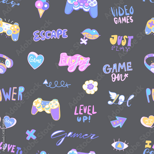 Seamless pattern with lettering, doodles, headphones, gamepad on a gray background for a girl. Abstract bright background with stickers for girly design. Text: lol, gamer, video games, power.