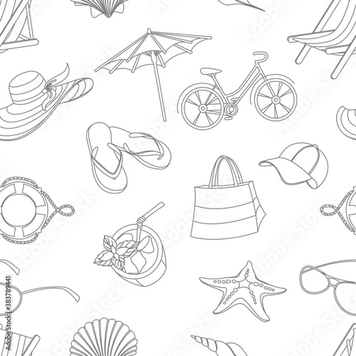 Summer icons seamless line pattern. Doodle style