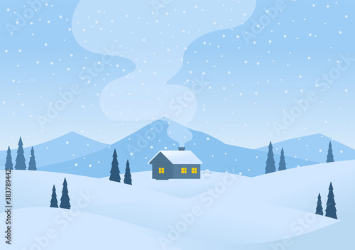 Winter cartoon mountains landscape with house and smoke from chimney vector illustration, space for text
