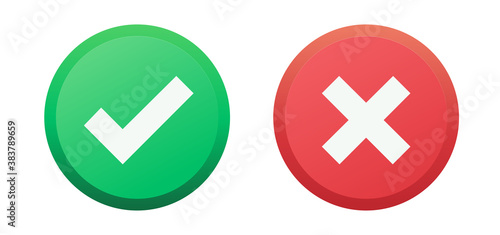 Check mark and cross icons. Acceptance, approval, rejection symbols. Vector flat yes and no signs and buttons