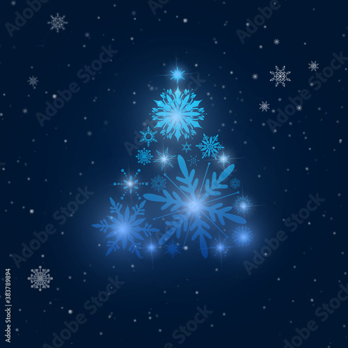White snowflake Christmas tree on dark background. Christmas card