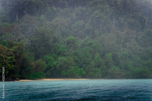 Ocean rain storm detail with green coast background photo