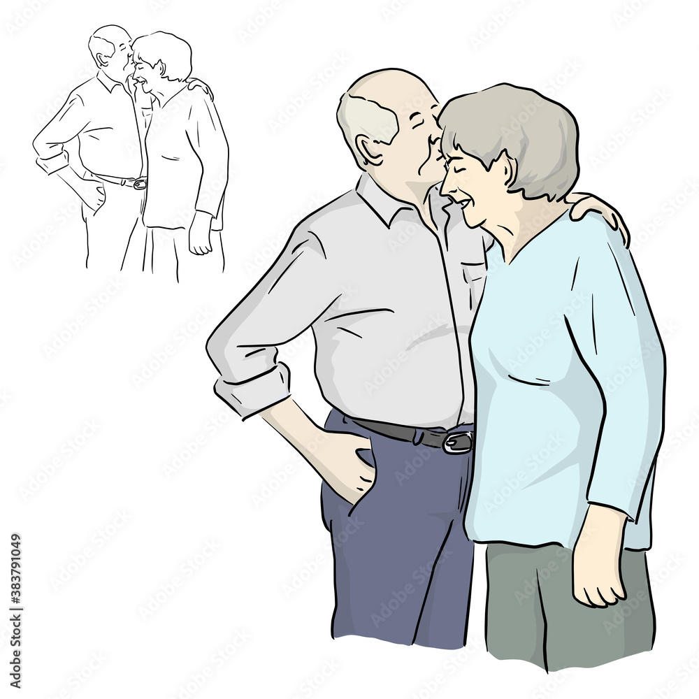 old husband kissing his wife on her forehead vector illustration sketch doodle hand drawn with black lines isolated on white background old husband kissing his wife on her forehead vector illustration sketch doodle hand drawn with black lines isolated on white background