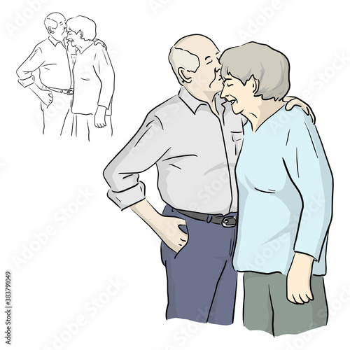 old husband kissing his wife on her forehead vector illustration sketch doodle hand drawn with black lines isolated on white background
