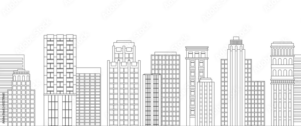 Seamless border of line skyscrapers. Black and white