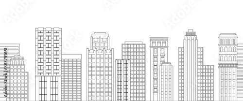 Seamless border of line skyscrapers. Black and white