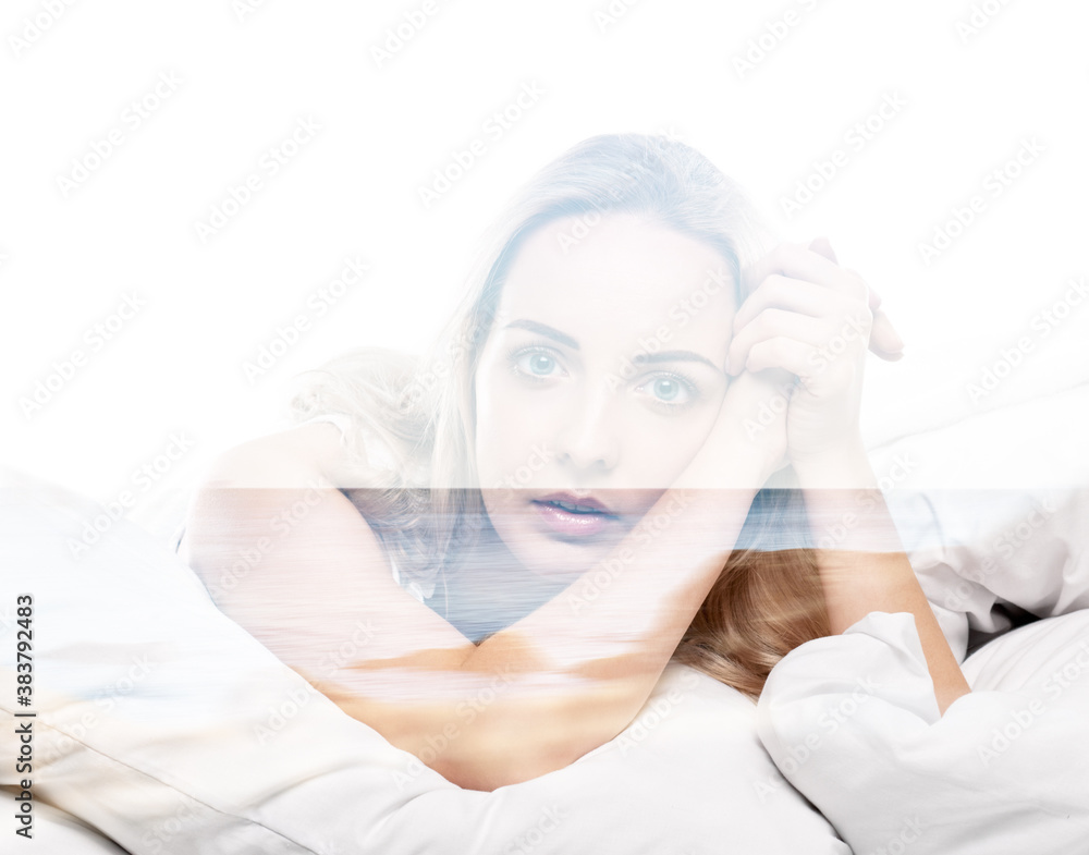 young woman laying in bedroom at early morning, on white background, double multiple exposure effect,combined images young woman laying in bedroom at early morning, on white background, double multiple exposure effect,combined images