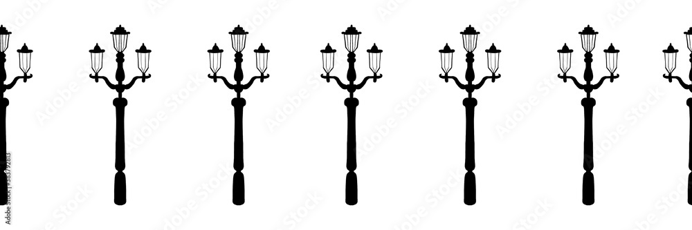 Obraz premium Street lamps seamless border. Elegant street light repeating pattern black on white. 