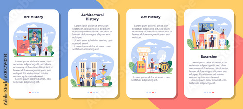 History of art school education mobile application banner set.