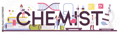 Chemist typographic header. Scientific experiment in the laboratory