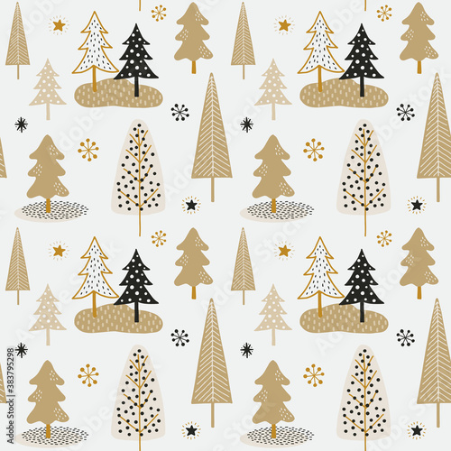 Seamless pattern for winter and winter holidays using hand drawn trees. For background, wallpaper, wrapping paper, scrapbooking, textile, etc.